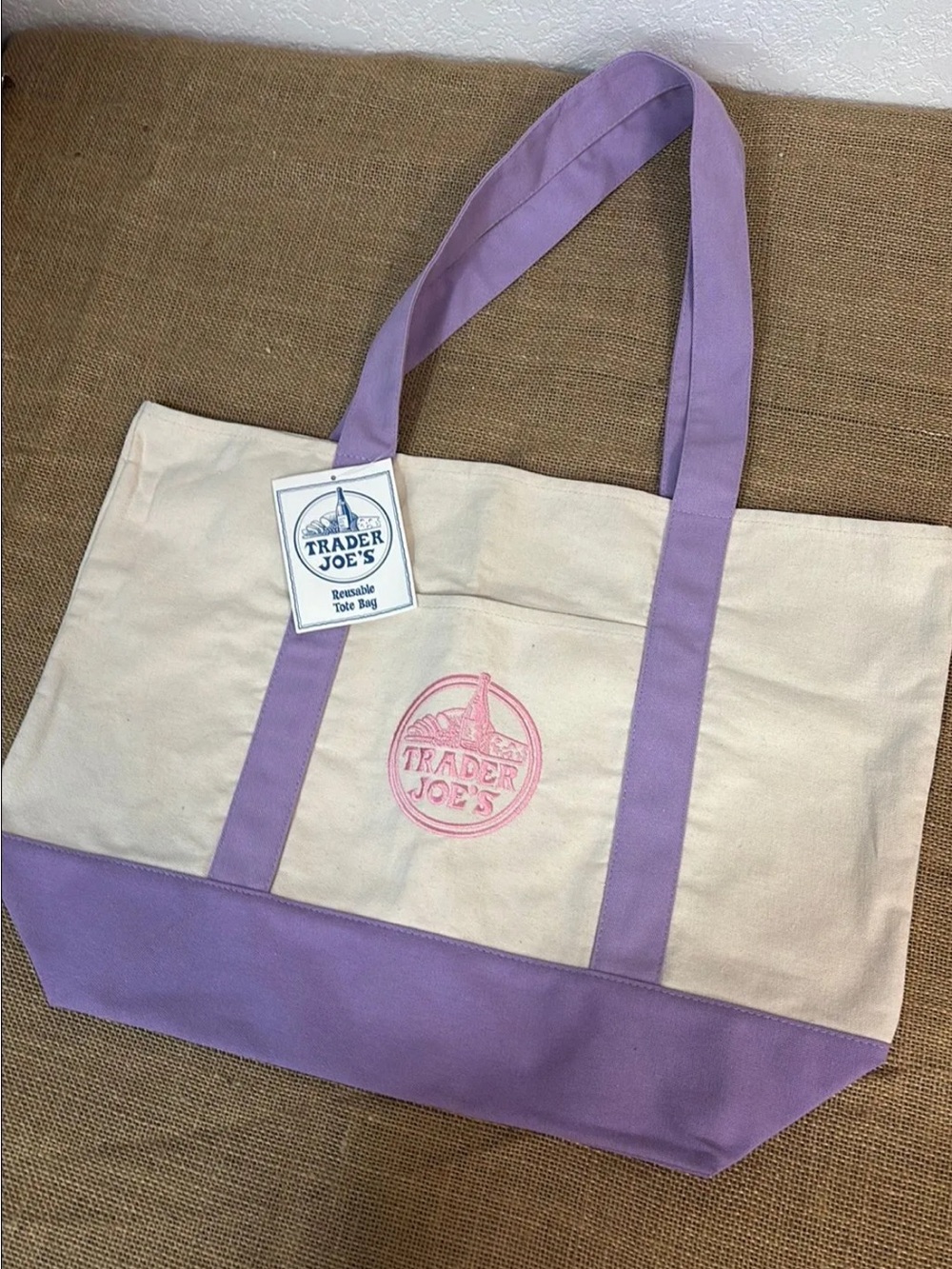 NEW • Trader Joe's LARGE reusable canvas tote bag, LAVENDER handles, PINK Logo
